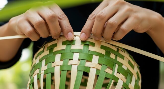 Hands weaving green and beige basket.
