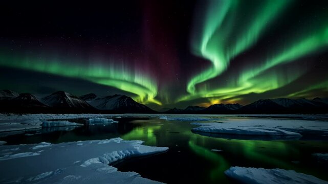 The stunning Aurora Borealis phenomenon over the frozen Arctic landscape. Curtains of neon green light and touches of reddish purple dance across the night sky.
