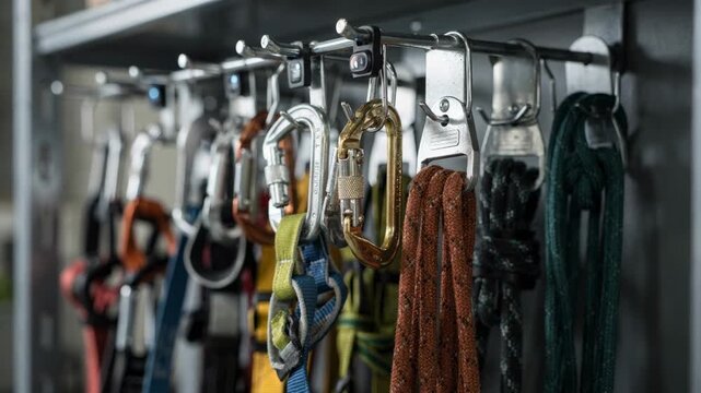 Climbing gear stored on labeled hooks with IoT sensors closely focused while the rest of the storage area remains softly blurred to emphasize smart inventory control.
