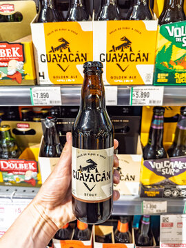 Santiago de Chile, Chile - March 19, 2026: A hand holding a 330ml bottle of Guayac&aacute;n Stout beer from Valle de Elqui, Chile, in a supermarket aisle with craft beer selections in the background
