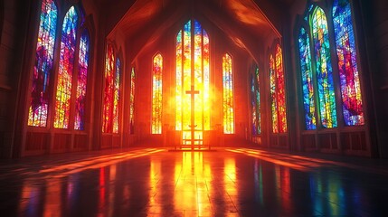 Obraz premium Church cathedral stained glass windows vibrant colors spiritual interior image