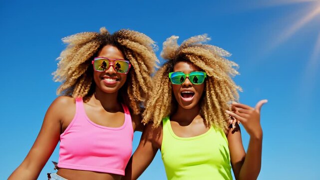 Two joyful friends in vibrant summer outfits enjoy sunny day. They wear stylish sunglasses and smile brightly. Fun atmosphere radiates positivity and friendship.