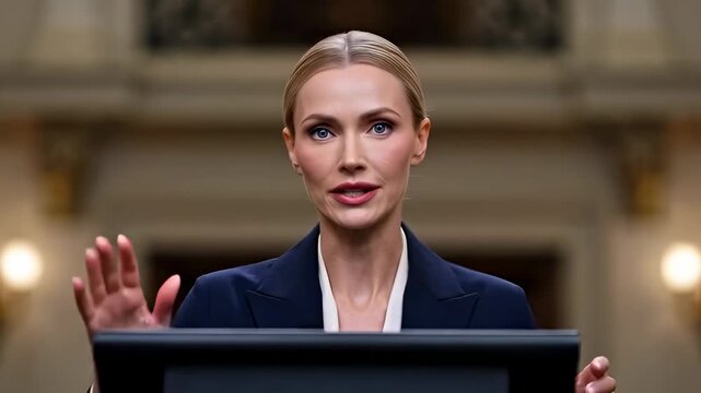 Focused Woman Official Debating in Modern Assembly Courtroom