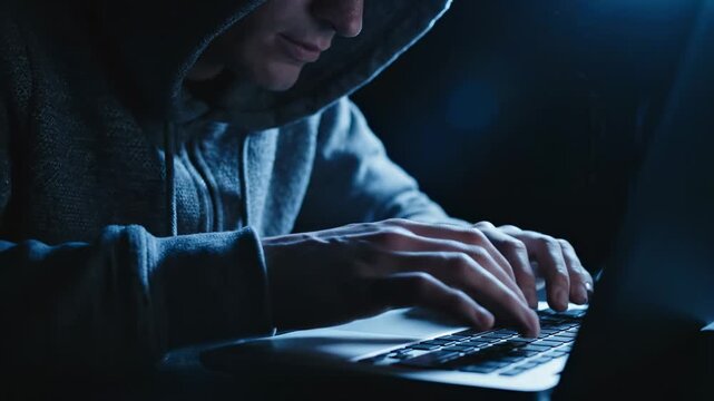 This shows a person in a hoodie typing on a laptop in a dark room, highlighting the dangers of cybercrime and online security threats.
