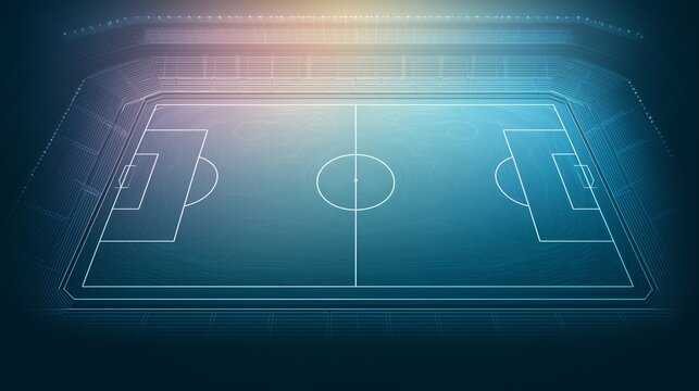 Futuristic blue wireframe soccer stadium from a top-down perspective, featuring a clean symmetrical layout and a warm overhead glow.