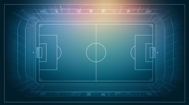 Futuristic blue wireframe soccer stadium from a top-down perspective, featuring a clean symmetrical layout and a warm overhead glow.