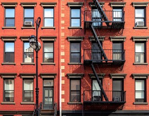 Obraz premium Two brick buildings, one with a black fire escape, bathed in warm sunlight