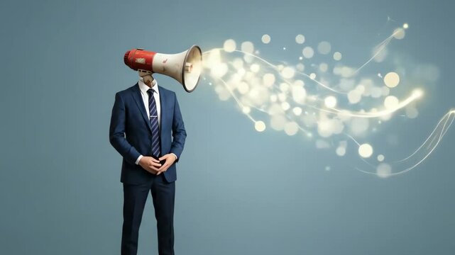 Creative concept: professional with megaphone head actively broadcasting messages, standing in a clean studio, full body.