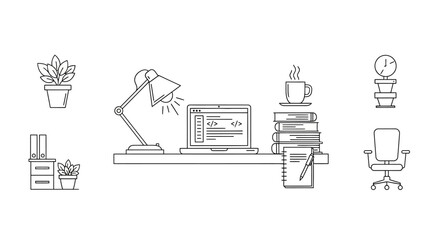 Obraz premium An office workspace with a laptop, books, and plants on a desk indoors.