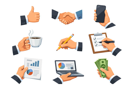Flat vector set of business hand gestures and actions, agreement, payment, communication and office workflow illustration collection