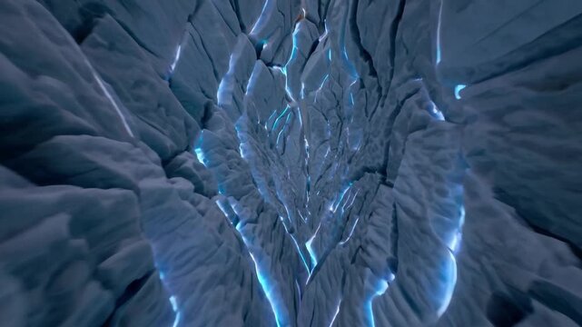 Cracked ice landscape with blue veins, aerial view of deep crevasses glowing with electric luminescence, stark polar terrain with jagged fractures and cold reflective surfaces, ominous and dramatic