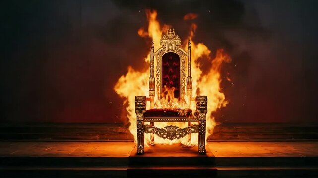 Dramatic scene of an ornate golden throne engulfed in fiery destruction within a dark, empty chamber, symbolizing fallen power.