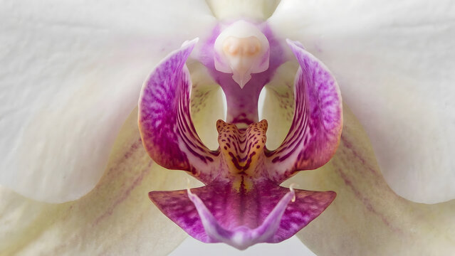 Close-up capturing the complex structure of a Phalaenopsis orchid center