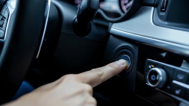 Driver's hand activating illuminated engine start-stop button in a modern vehicle interior, showcasing smart automotive technology.