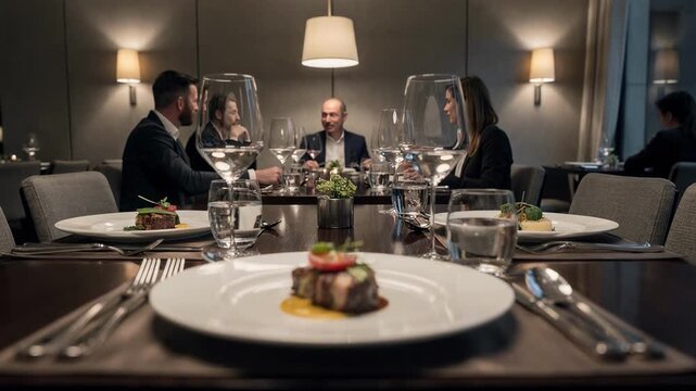 Business dinner table captured midshot showing neatly arranged plates polished silverware and subtle ambient lighting with a shallow depth of field emphasizing the main course.