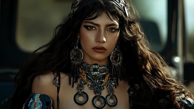 A beautiful female presents in the late afternoon. She is a gypsy, Romani, or Romany traveler, wanderer, nomad, bohemian, Rom, gitana, zingara, vagabond, roamer, wayfarer