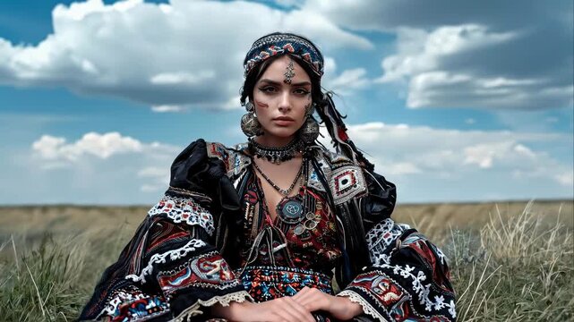 A beautiful woman sits in a field. The female is dressed in colorful Romani clothes and jewelry. She is a wanderer, a gypsy, a traveler, looking forward to her next stop