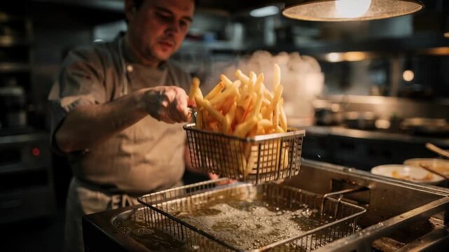 Chef carefully tending to a fryer basket as golden fries sizzle steam rising with the bustling open cooking line softly out of focus.