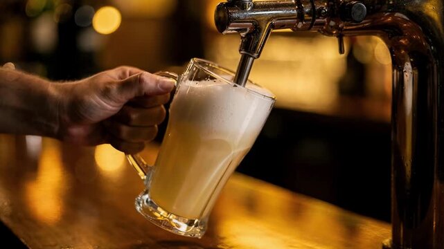 Closeup of bartender pouring draft beer from tap into a glass with a warm glowing bar counter blurred behind.