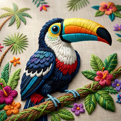 Fototapeta premium Photo of embroidered toucan, on burlap, jpg, 20x20in, 6000x6000px, 103M, 300dpi