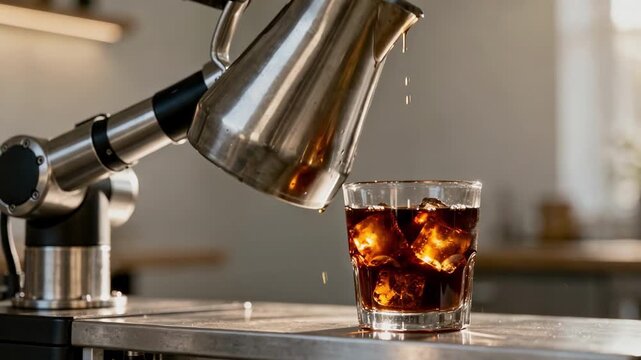 Automated robotic arm precisely pouring iced coffee into a glass at a sleek compact bar with blurred background highlighting the main pouring action for a modern caf&eacute; setting.
