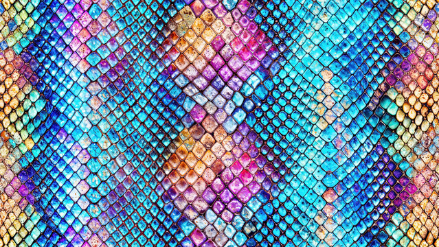 Seamless pattern of vibrant colorful snake skin scales with iridescent blue purple orange and yellow mosaic texture