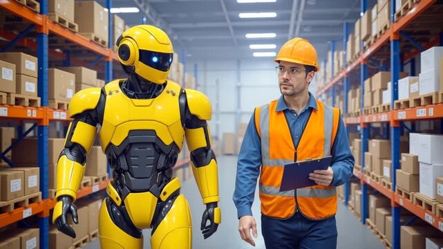 Yellow humanoid robot walking with warehouse worker through distribution center. Panning shot of collaborative logistics task.