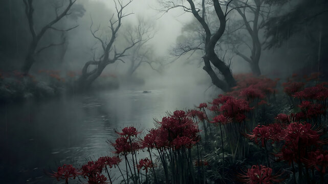 Dark cinematic shot of red spider lilies growing on a riverbank
