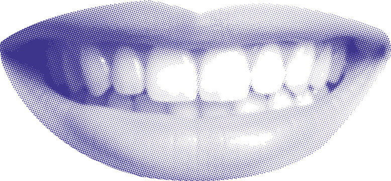 Lips, blue halftone pop art illustration, biting teeth expression, sensual bold concept, dotted texture design, retro comic style artwork, modern fashion graphic, edgy aesthetic symbol.