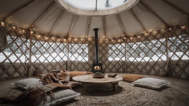 Intimate yurt space with circular skylight and rustic decor soft focus on snowy landscape beyond the canvas walls creating a serene winter vibe.