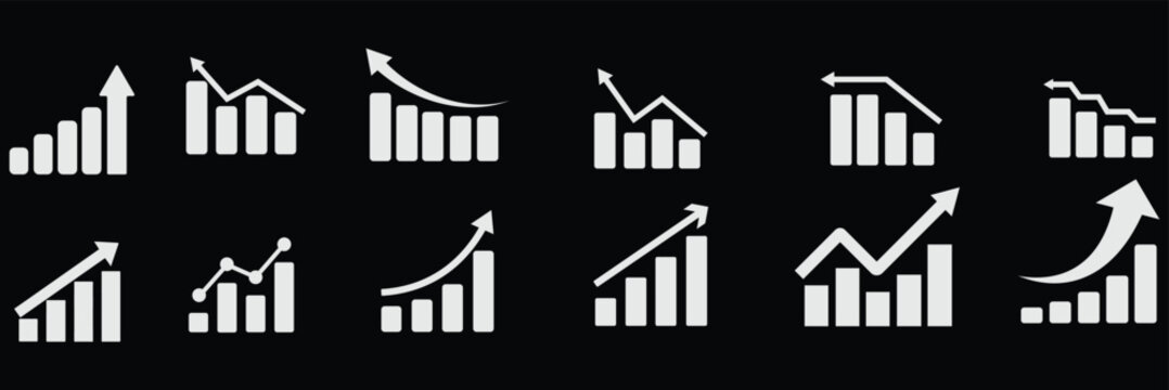 Business chart icon set showing growth and decline trends. Bar graphs with up and down arrows for analytics statistics financial performance revenue increase sales growth profit loss 