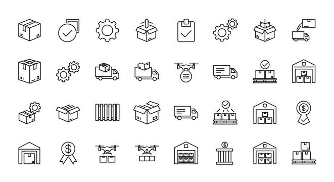 Collection of line art icons depicting logistics delivery and warehousing
