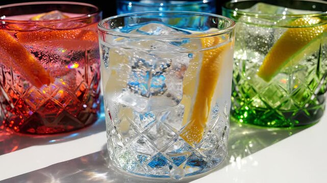 Colorful cocktails with ice and lemon slices. Refreshing drinks show vibrant colors in sunlight. Perfect for summer party or bar promotion.