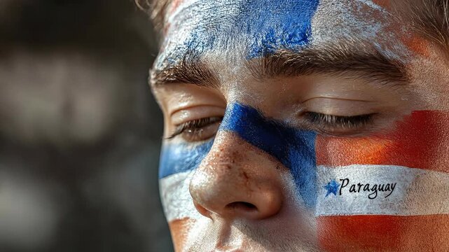 Paraguayan national pride, expressive individual showcasing flag symbol, vibrant face paint celebration, representing Independence Day holiday spirit, cultural identity