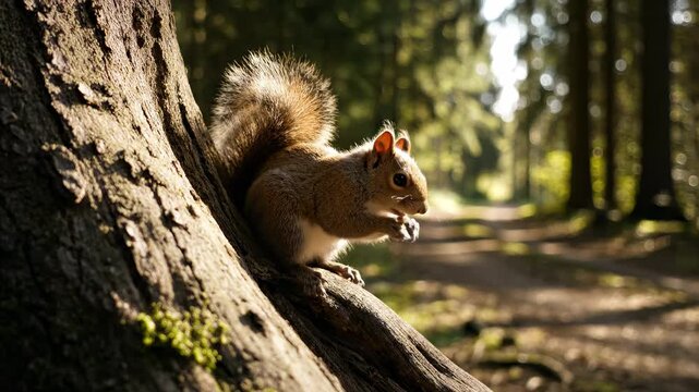 This captures a tranquil moment of a squirrel on a tree in an autumnal forest, showcasing the beauty of nature and wildlife in a serene setting.