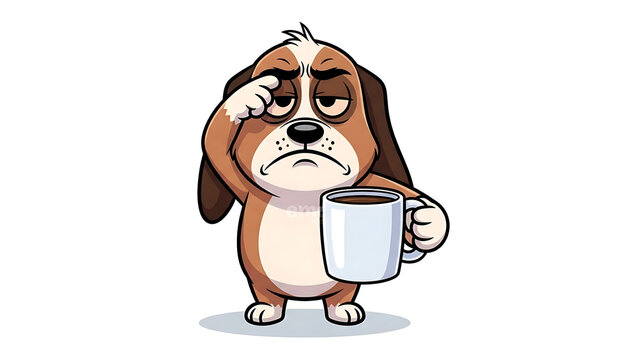 Grumpy cartoon dog holding empty bowl looking up grumpy dog