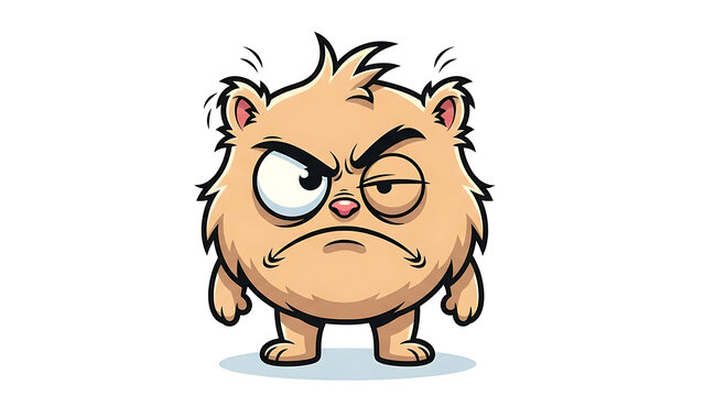 Grumpy cartoon mascot with messy hair frowning grumpy face