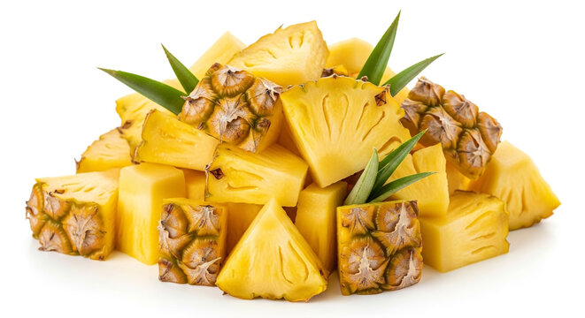 Freshly cut pineapple chunks with green leaves on white background perfect for healthy snacking and tropical recipes