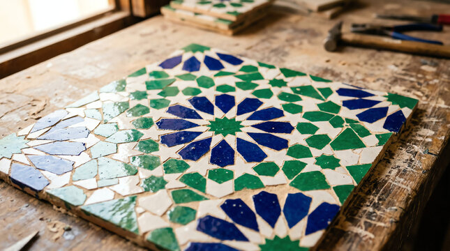 Hand-cut Moroccan zellige mosaic tiles in star and cross patterns