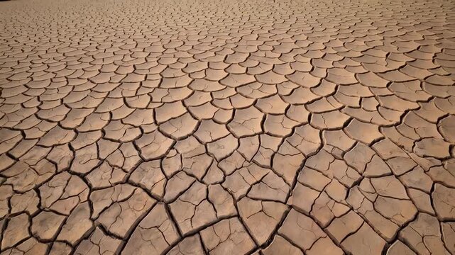Cracked earth surface in arid desert landscape. Tilt up shot of parched ground.