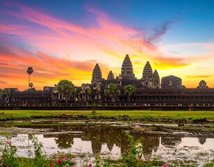 Fototapeta premium Temple reflecting in water at sunset with vibrant orange and pink clouds above