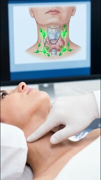 Enlarged lymph nodes, medical professional examining patient's neck, gentle palpation during diagnostic procedure, health screening, anatomical diagram, healthcare, wellness check