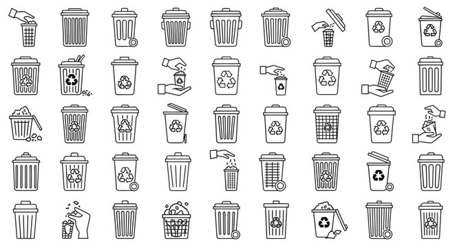 Collection of recycling bin icons and related waste disposal elements