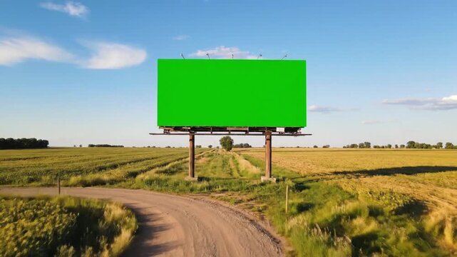 Vast green screen billboard along a rural dirt road, perfect for advertising and custom content in an open field under a clear blue sky