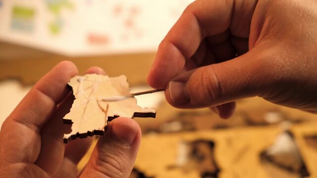 A man smears a wooden part with PVA glue in close-up. The creative process of creating DIY crafts. Gluing a world map from individual pieces of countries. Hobby concept. Carpentry. High quality 4K.