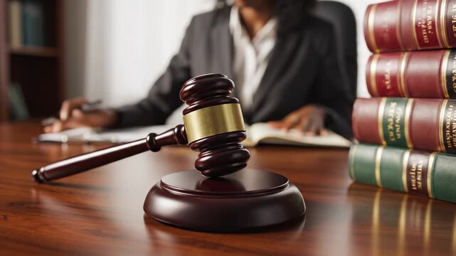 This shows a gavel on a desk in a courtroom with a lawyer in the background reading a book. The scene depicts a crime or judicial setting.