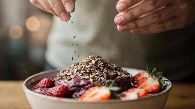 Focused view of barista sprinkling seeds on finished acai bowl contrasting textures sharp against a creamy blurred backdrop.