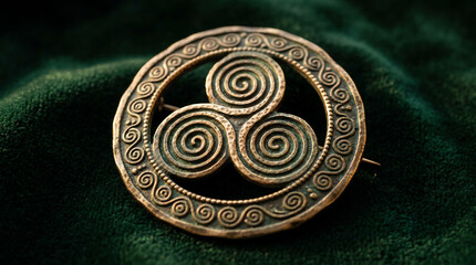 Fototapeta premium Bronze Celtic triskelion disc brooch with three interlocking spirals on velvet