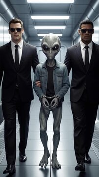 Security agents escorting handcuffed extraterrestrial through futuristic corridor. Tracking shot of men in suits and alien.
