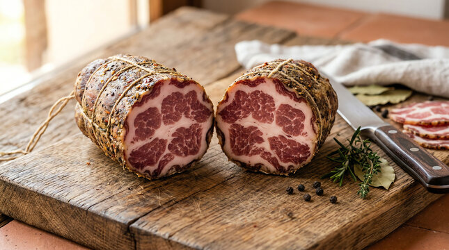 Coppa capocollo cut showing marbled cross-section of cured pork neck